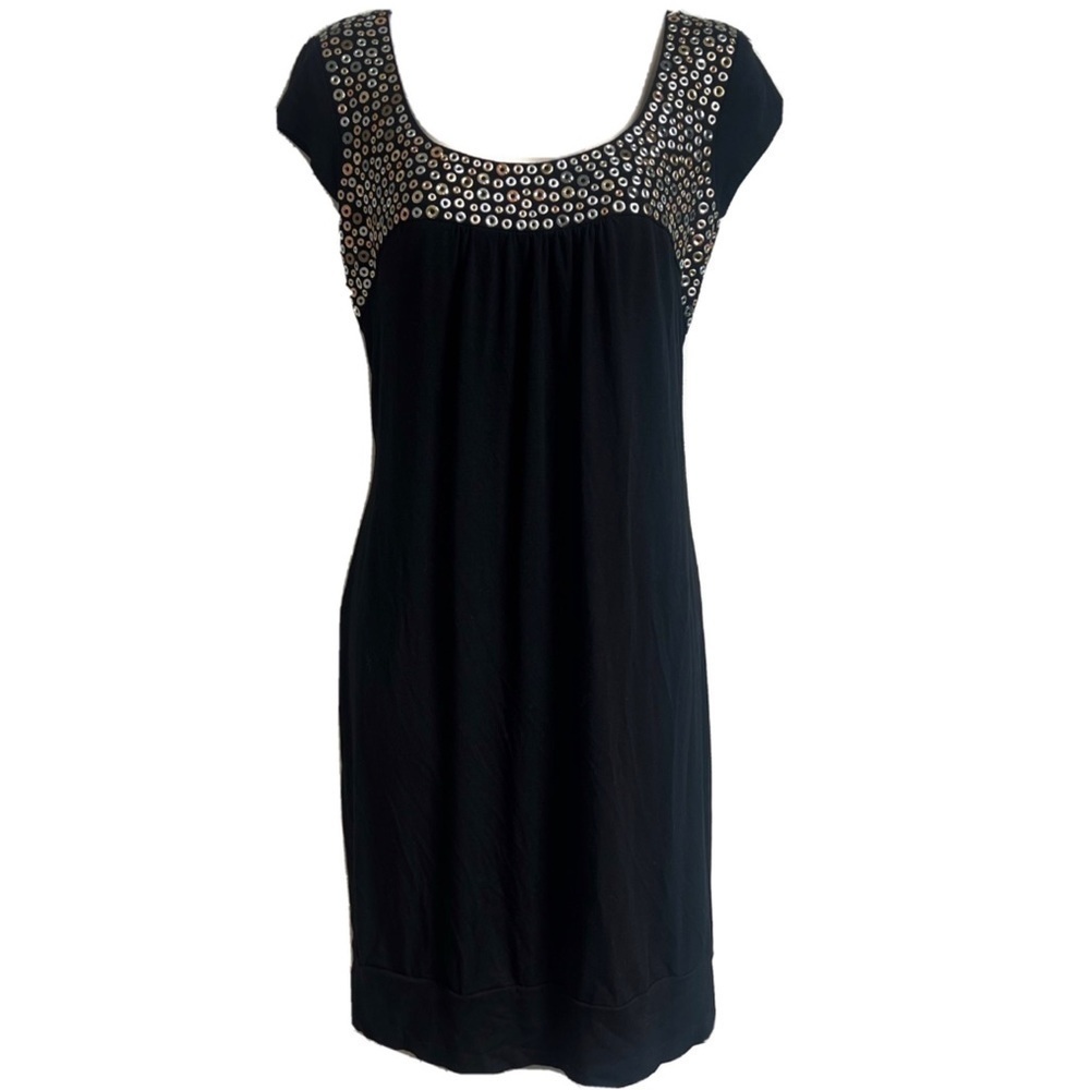 Cache scoop neck cap sleeve embellished fitted mini dress pullover short sleeve